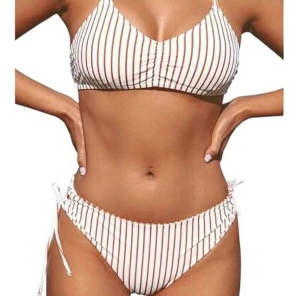 Cupshe Bralette and Tie Bikini Set Brown and White Striped Small NWT Crisscross